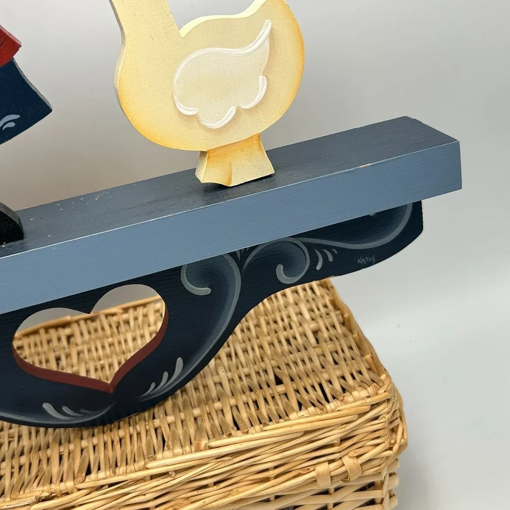 1980s Wood Painted Blue Mini Wall Shelf Goose Heart Cut Out Bows Country Cottage